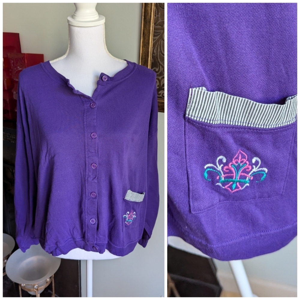 Vtg 80s Womens Large Purple Cardigan Button Up Sweatshirt Embroidered Pocket 190